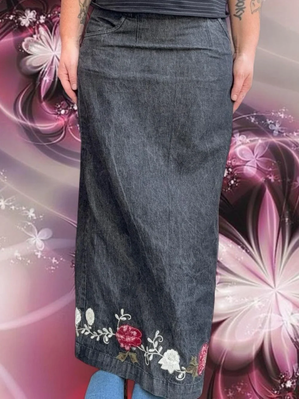 vtg 90s embroidered denim maxi skirt - denim & co, 100% cotton, sz xs